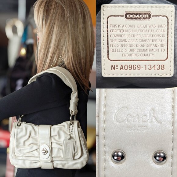 COACH Pleated Cream Leather Shoulder Bag - Picture 2 of 14